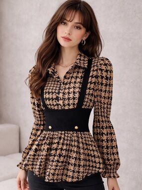 Zara Black and Tan Puff Sleeve Blouse